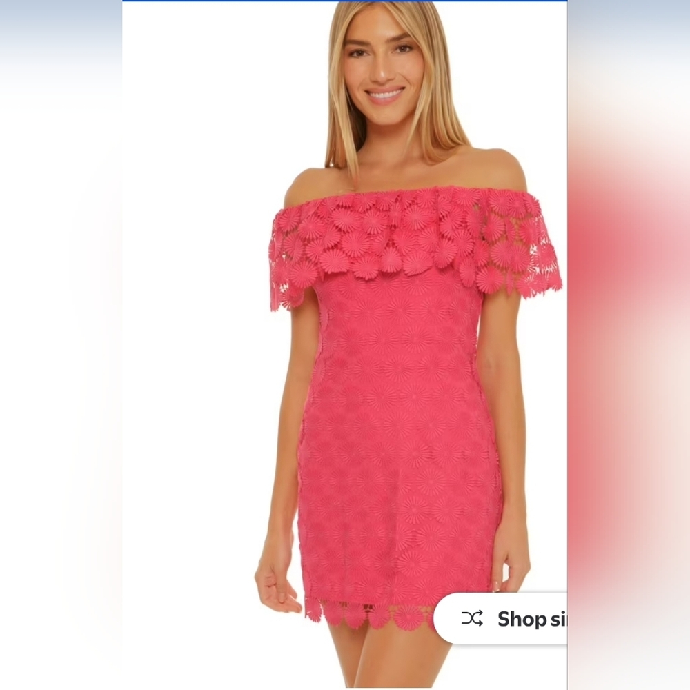 NWOT Trina Turk Off-Shoulder Pink‎ Floral Lace Dress. Size M